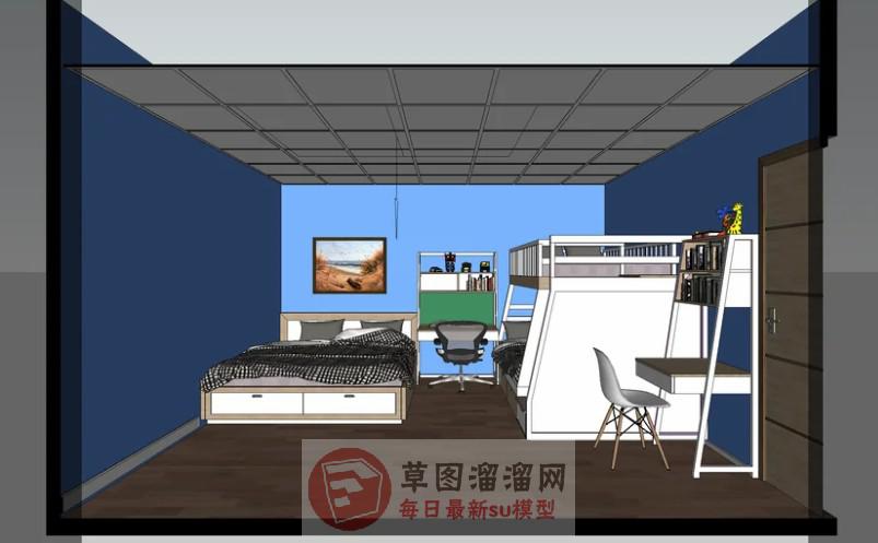 儿童房间床铺书桌SU模型
