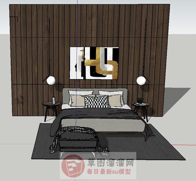 床铺背景墙床头柜SU模型