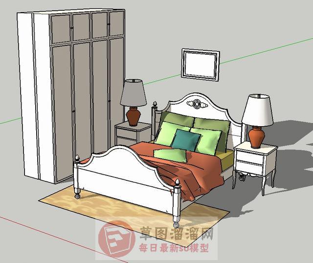 欧式床铺床头柜SU模型
