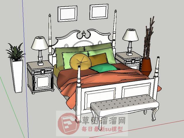 双人床床铺床头柜SU模型