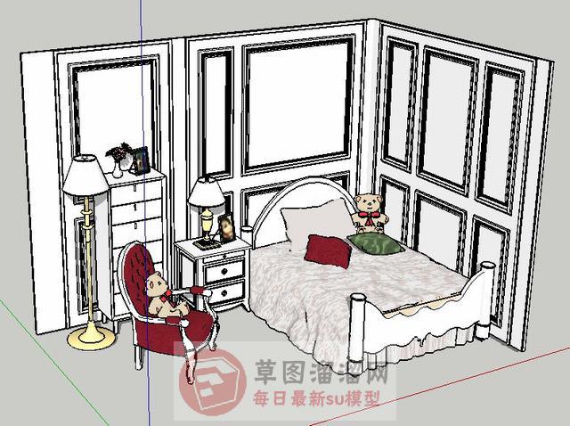 儿童床落地灯扶手椅SU模型