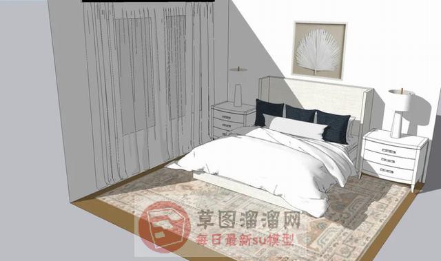 床铺窗帘床头柜SU模型