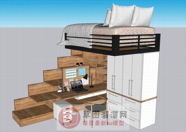高铺床床铺电脑桌椅SU模型