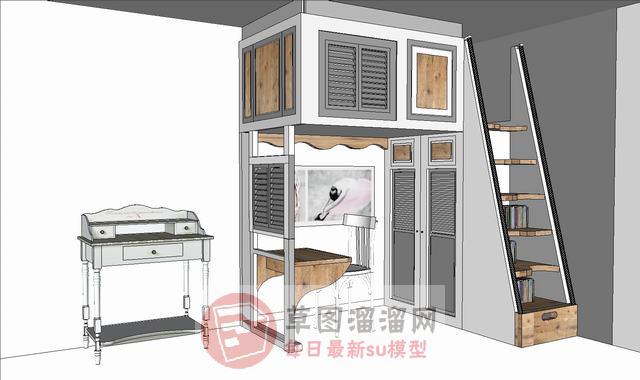 儿童高铺床书桌SU模型