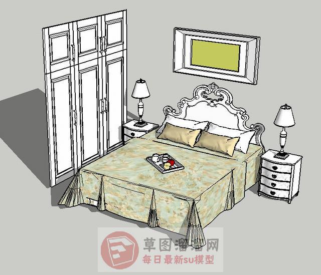 欧式床铺双人床SU模型
