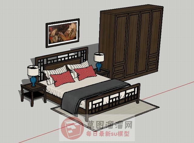 新中式床铺衣柜SU模型