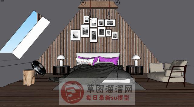 阁楼房间床铺SU模型