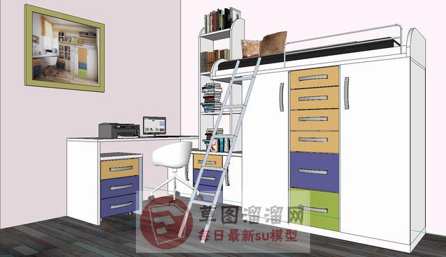 现代儿童床电脑桌SU模型