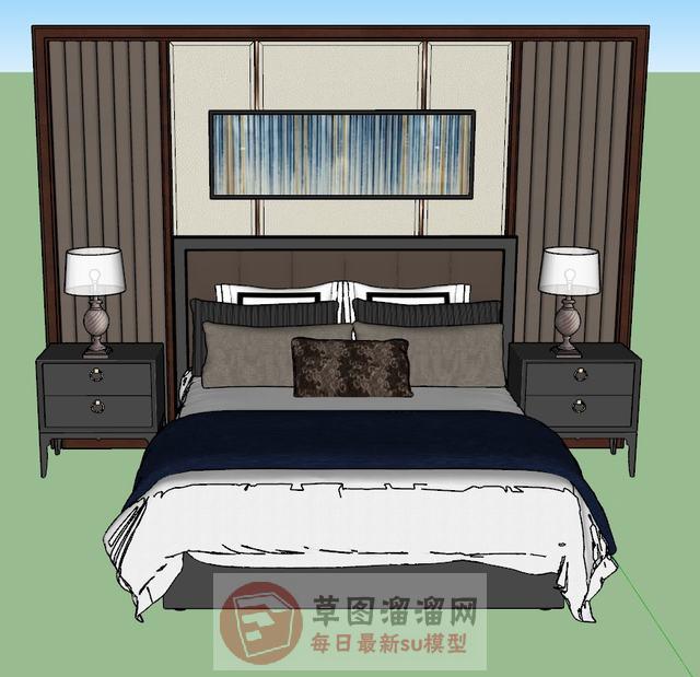 新中式床铺床头柜SU模型