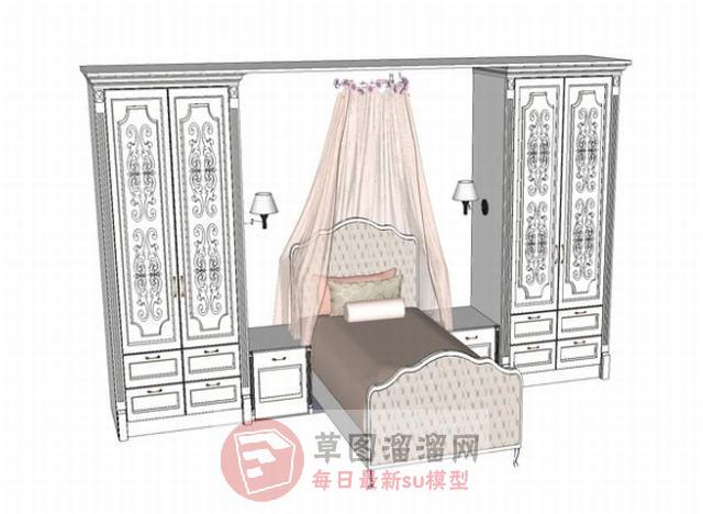 女儿房床铺衣柜SU模型