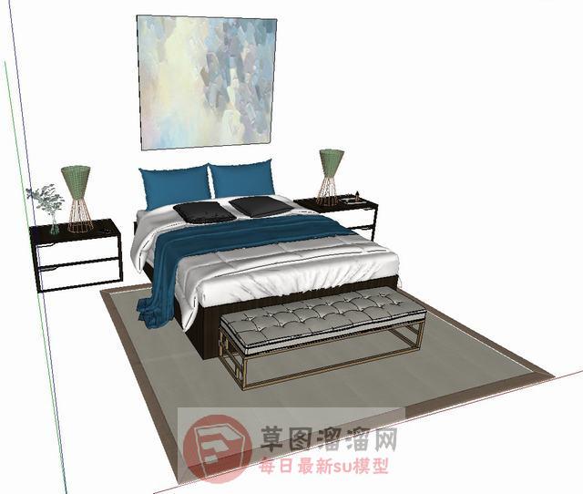 新中式床铺床具SU模型