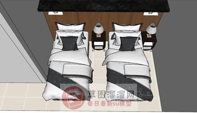 欧式标间双人床SU模型