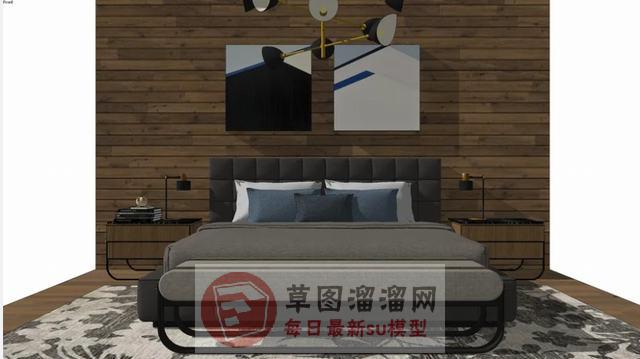 床铺床头柜床背景墙SU模型