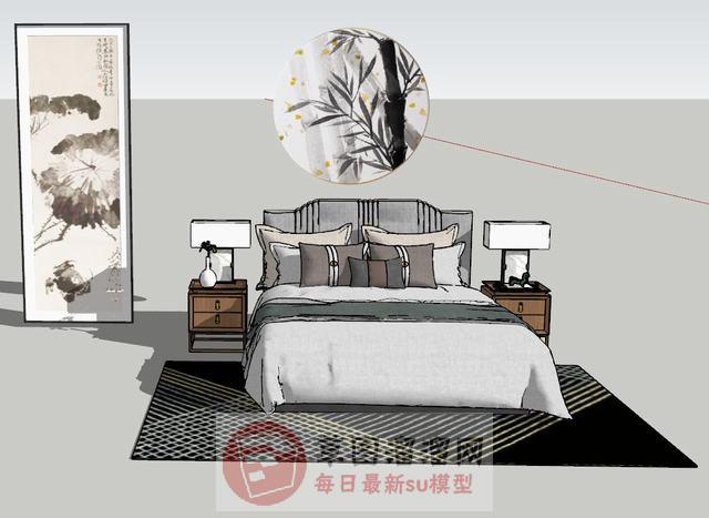 床铺床头柜挂画SU模型
