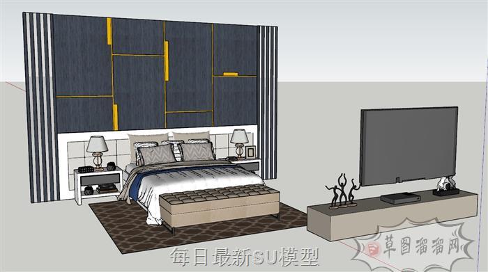 双人床床铺电视柜SU模型