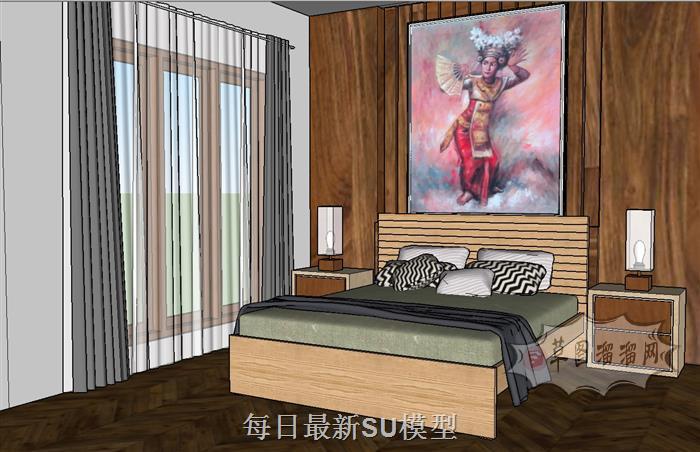 卧室床铺窗帘SU模型
