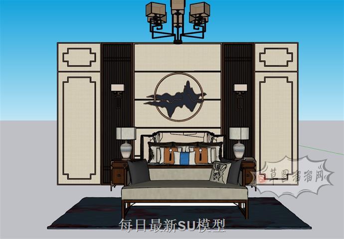 中式背景墙床铺SU模型