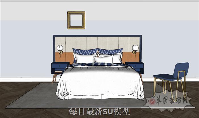 新中式双人床床铺SU模型