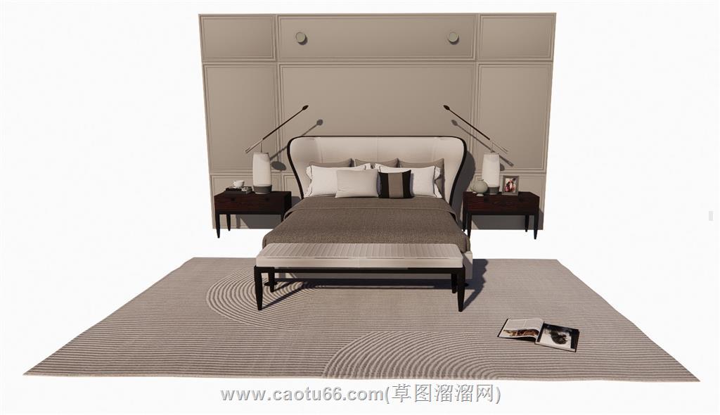 奶油风床铺SU模型