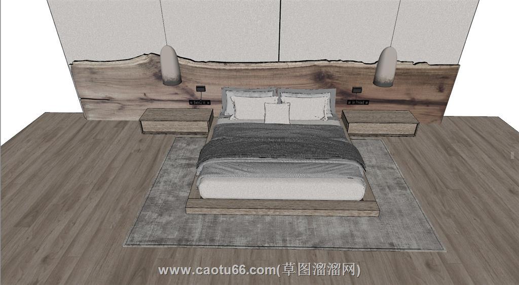 原木纹床铺SU模型