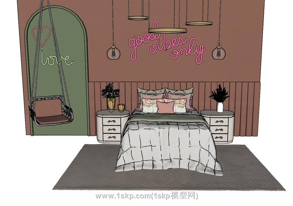 女儿房床铺吊椅SU模型