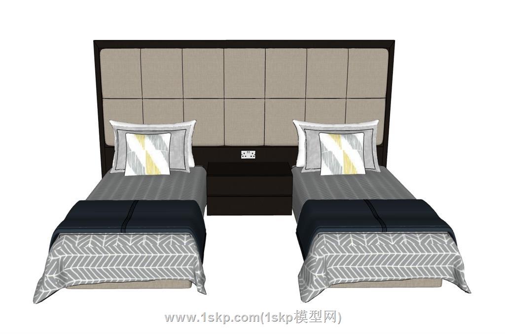酒店标间双人床SU模型