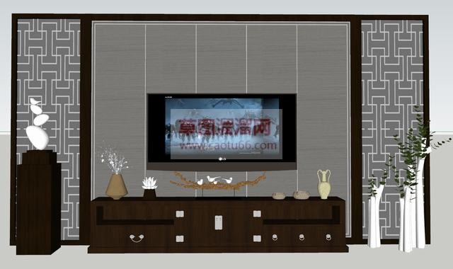 新中式电视背景墙SU模型
