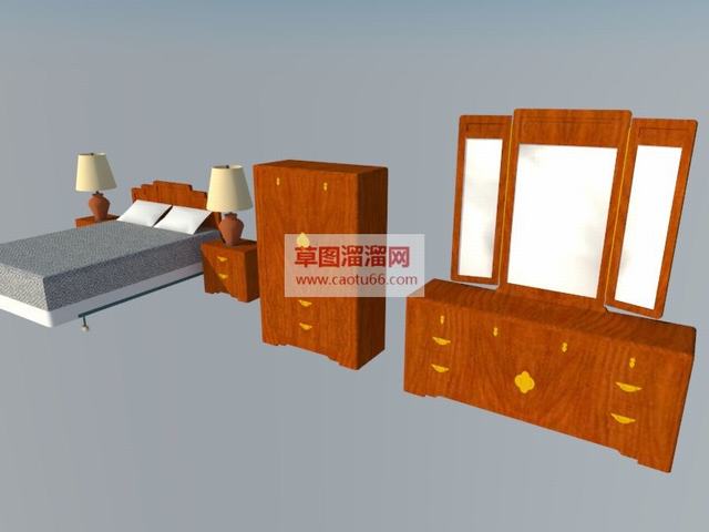 中式家具床铺柜子SU模型