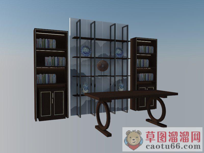 中式书房书桌SU模型
