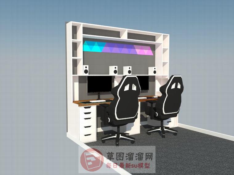 双人电脑桌柜子SU模型