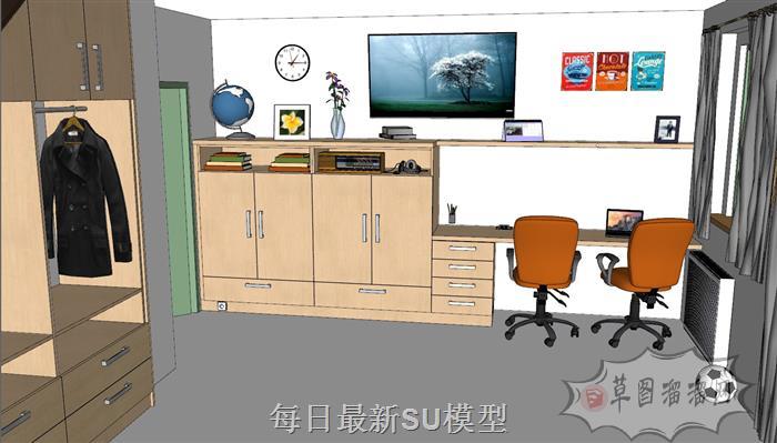 儿童双人书桌SU模型
