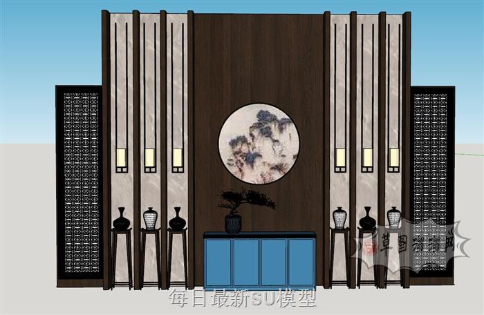 中式瑞景台背景墙SU模型