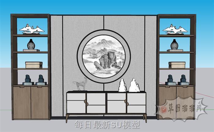 中式装饰柜背景墙SU模型