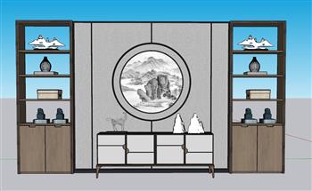 中式装饰柜背景墙SU模型