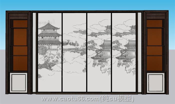 中式电视墙背景墙SU模型