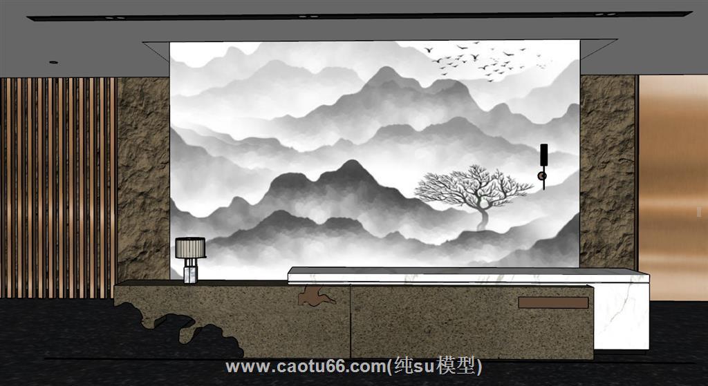 新中式前台柜接待台SU模型