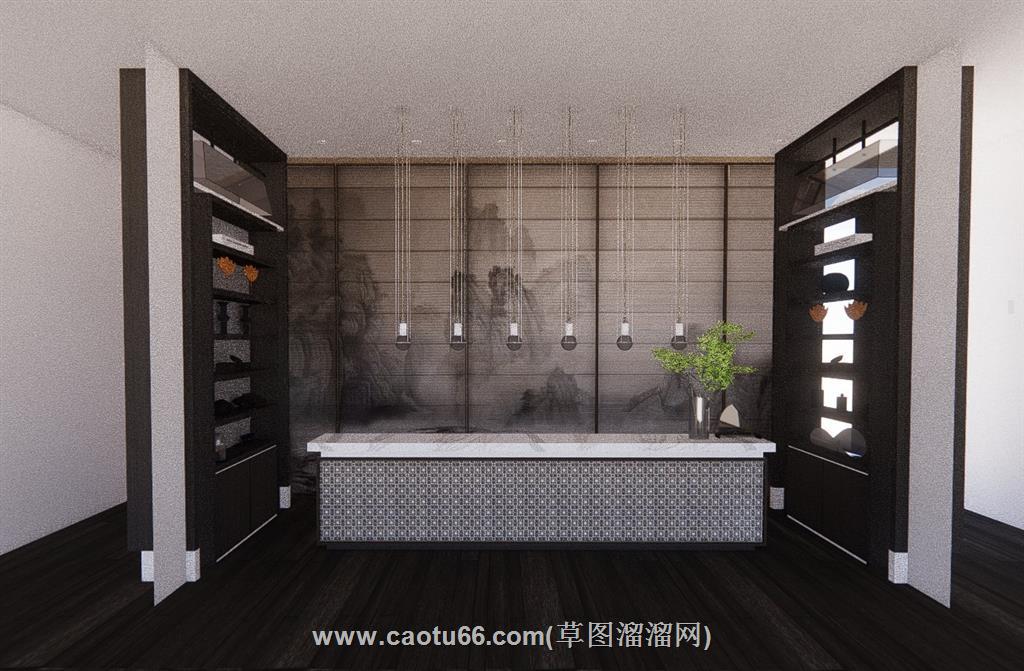 新中式前台柜服务台SU模型