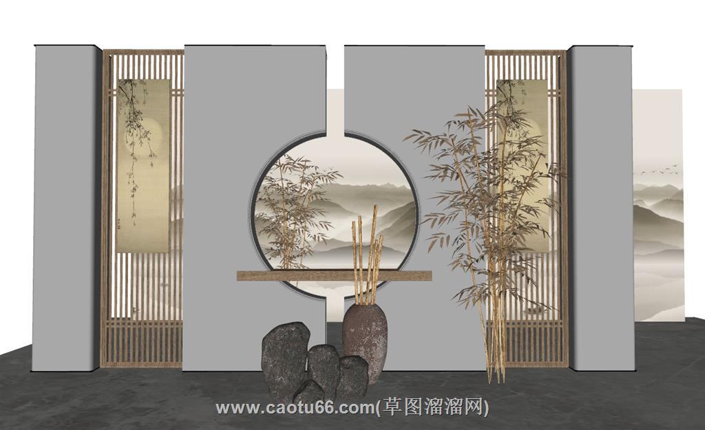 中式玄关柜背景墙SU模型