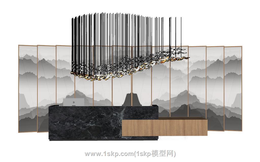 新中式前台柜接待台SU模型