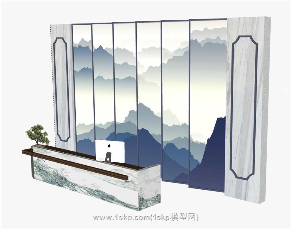 新中式前台柜接待台SU模型