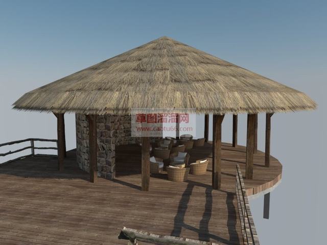 观景茅草屋茅草房SU模型
