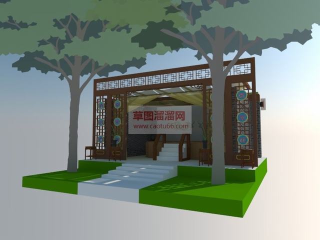 中式户外洗浴池SU模型