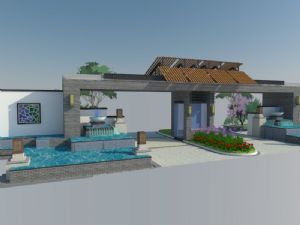 新中式大门小区入口水景SU模型 免费sketchup模型下载