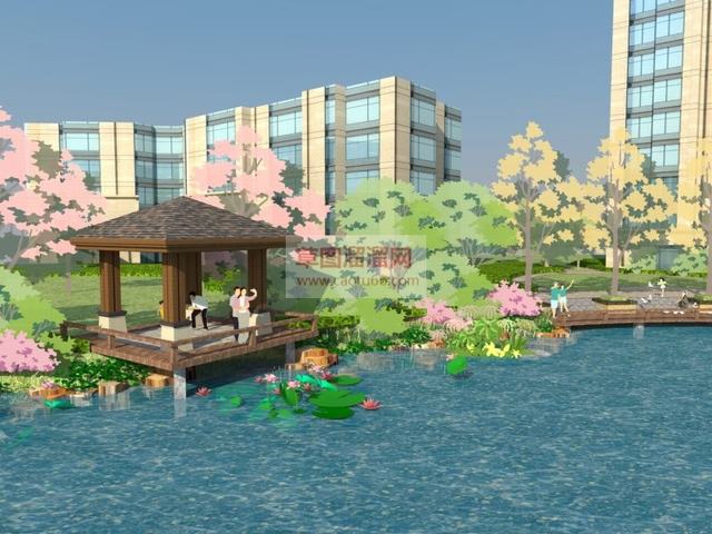 小区模型景观亭子荷塘SU模型