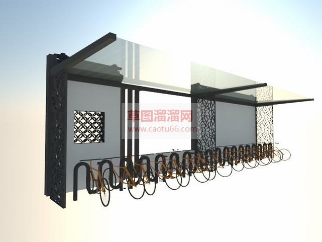 中式停车棚自行车SU模型