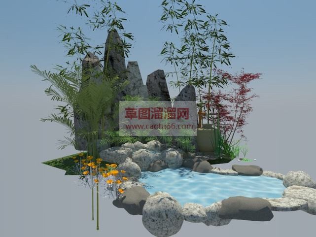 水池假山水景SU模型