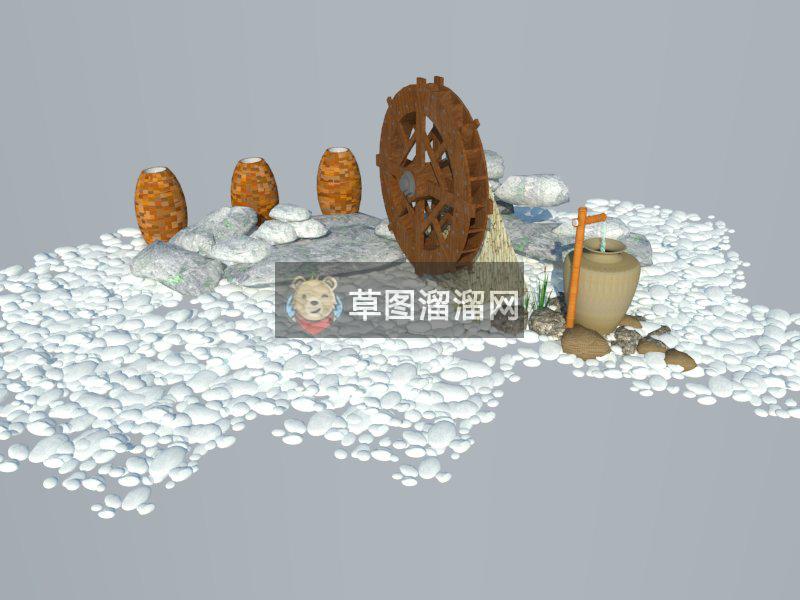 水轮车流水景观鹅卵石SU模型