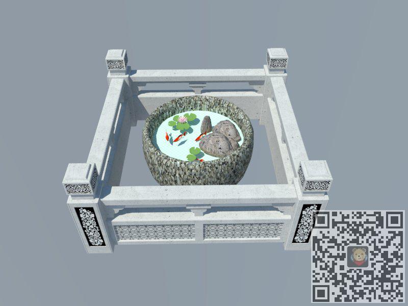 中式石护栏水池SU模型