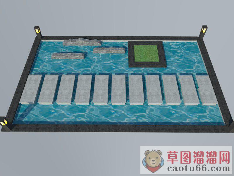 庭院水池庭院石板庭院灯SU模型