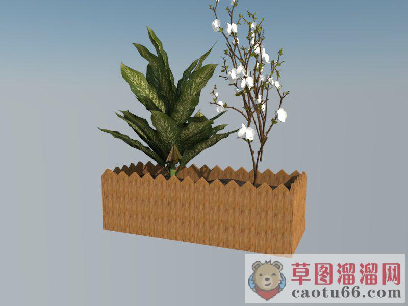 木制花箱植物SU模型